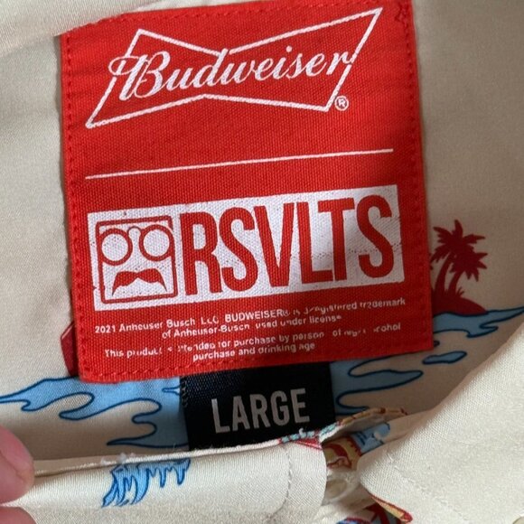 Rsvlts Budweiser Kunuflex Short Sleeve Button Shirt Cream Red Vacation Sz Large - Picture 7 of 11